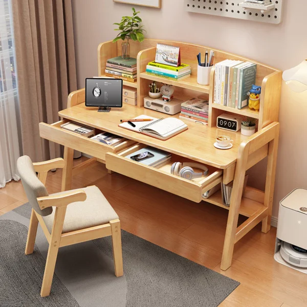 Student Home Use Wood Computer Desk with Adjustable Height and Integrated Bookcase Study Table