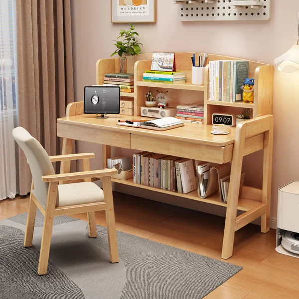 Student Home Use Wood Computer Desk with Adjustable Height and Integrated Bookcase Study Table