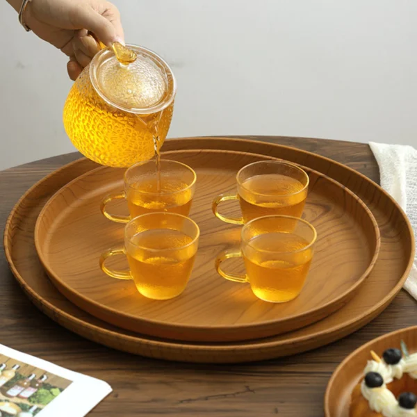 Kitchen Dining Round Plastic Platter Serving Tray Japanese Style Wood Grain Panel