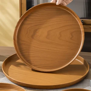 sg-11134201-82614-mlbqbyq6m1og32.webp Kitchen Dining Round Plastic Platter Serving Tray Japanese Style Wood Grain Panel
