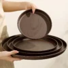Kitchen Dining Round Plastic Platter Serving Tray Japanese Style Wood Grain Panel